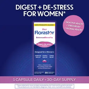 Her Florastor Balanced Digestive Health + De-stress Probiotic Supplement with L-theanine for Stress Relief Vegetarian Capsules for Women Wellness