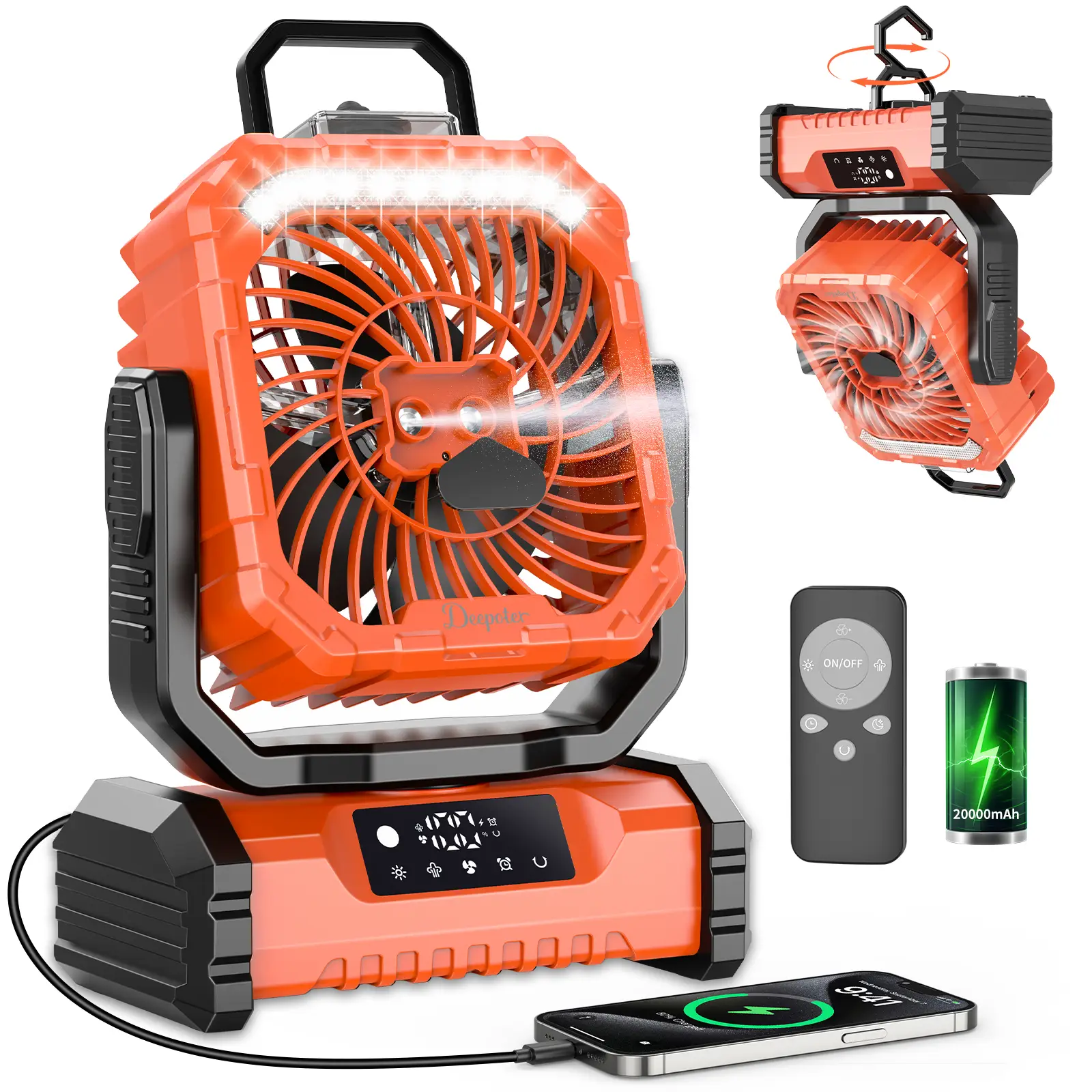 20000mAh Rechargeable Camping Fan with LED Light, Portable Multi-Function Fan with Spray Humidification, Shaking Head Emergency Camping Fan, Wireless