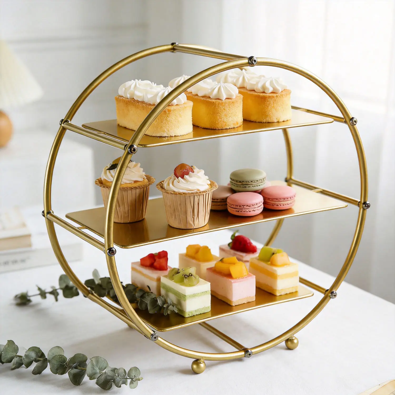 Luxury 3-Tier Golden Dessert Stand - Elegant Round Cupcake & Cake Display for Wedding, Birthday Party Table, French Iron Pastry Tower