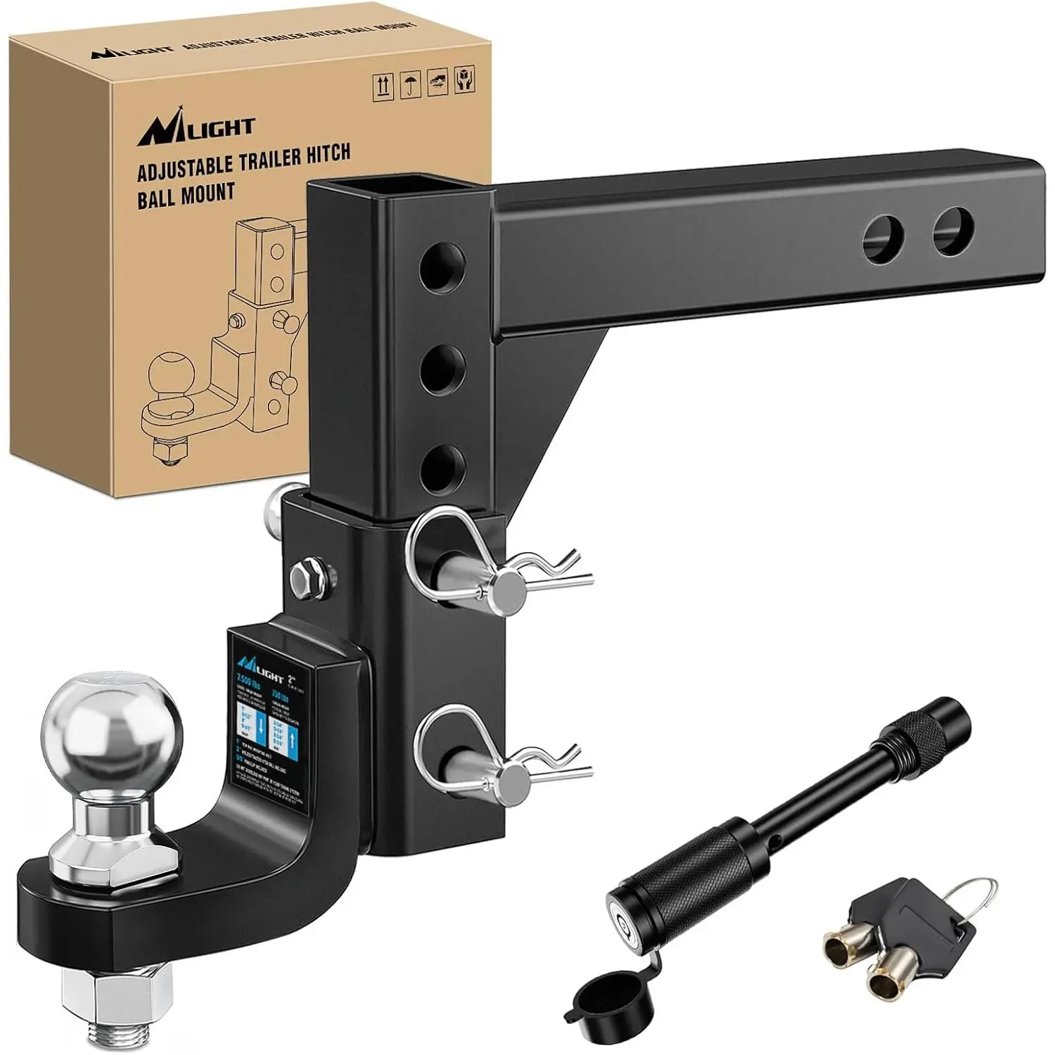 Nilight Towing Trailer 8-Position Adjustable Hitch Ball Mount for Cars, 2 In Ball, 2 In Receiver, 5/8-in Pin Lock, 7500 lbs GTW, 9.5-in Drop, 8.25-in Rise, Powder Coated, Compatible with RVs, Boats, Adjustable Trailer Hitch Ball Mount