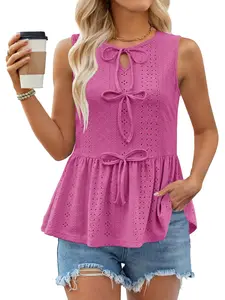 Women's Spring Summer 2026 New Design Fashion Casual Sleeveless Vest, Plain Bowknot Decorated Textured Fabric Top