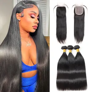 Straight Hair Bundles with Closure Brazilian Straight Hair 3 Bundles with 4x4 Lace Closure