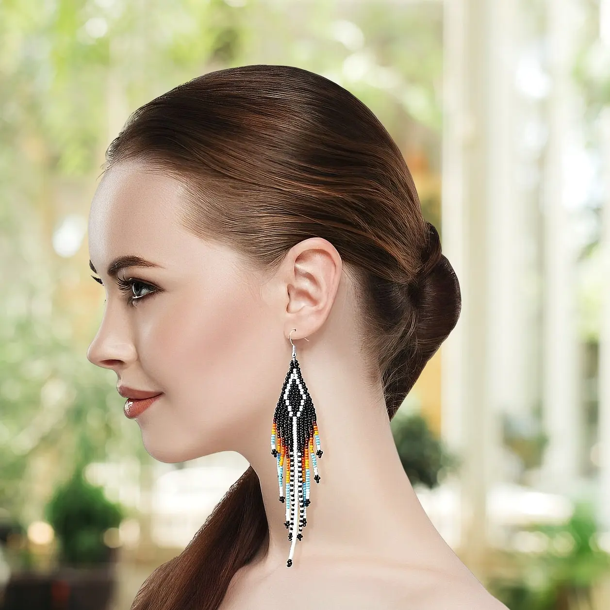 Handmade Native American Beaded Earrings for Women, Boho Fringe Dangle Earrings, Black Multi-Color Tribal Beadwork Jewelry