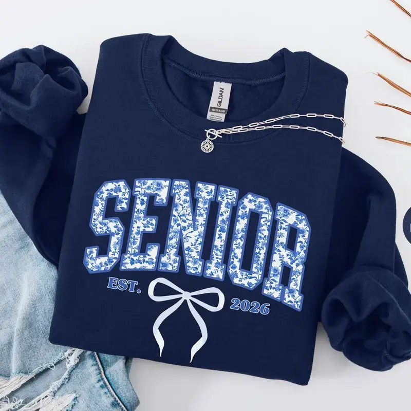 Senior 2026 Coquette Sweatshirt – Blue Toile Graduation Sweater, Class of 2026 High School Gift