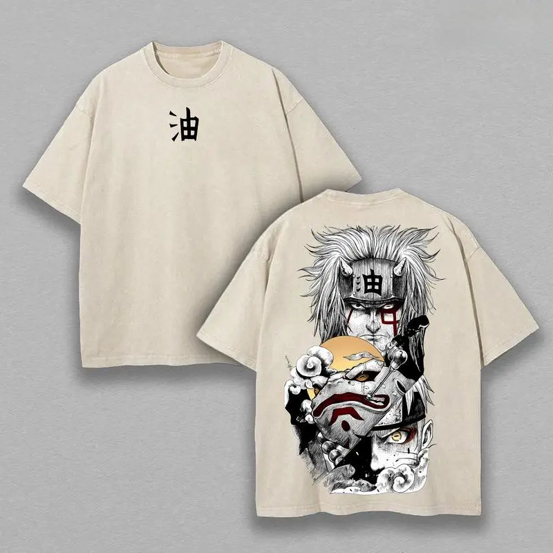 Jiraiya x Naruto Anime Double Printed Vintage Washed Tee Unisex Oversize Anime Manga Washed Heavyweight Cotton T-shirt Naruto Merch Jiraiya Fan