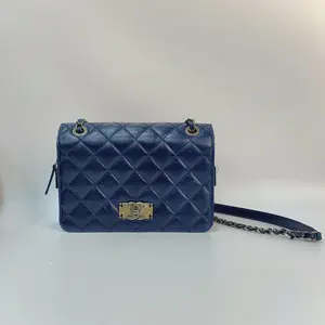 Pre-owned CHANEL LEATHER Shoulder Bags Flap Bag in Navy Blue Quilted Aged Calfskin with Ruthenium Hardware [BF 12Z] YS1530L