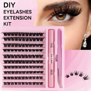 3 in 1 set 110 pcs Fluffy Lash Clusters Eyelash Extensions Kit with Tweezers Bond & Seal 8-16mm Light Volume Wispy Professional Makeup Lashes Easy DIY Non Irritating High Quality 3D Lash Bottom Supplies Set