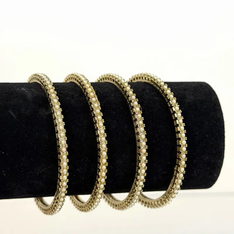 Desi/Bollywood Alina Polki Bangles Set of 4 Gold-Tone with Pearl & Polki Stones for Weddings Festive Occasions and Traditional Celebrations
