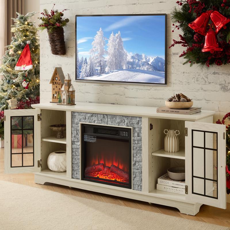 [Bellemave]58" Modern TV Stand with 2-Door Storage & 18" Electric Fireplace, Faux Stone Media Console Cabinet, White Large Entertainment Center for Living Room
