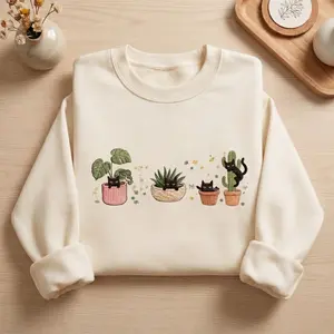 Embroidered Black Cat Plant Sweatshirt, Embroidered Cat Lover Crewneck, Cute Plant Lady Gift, Floral Cat Top