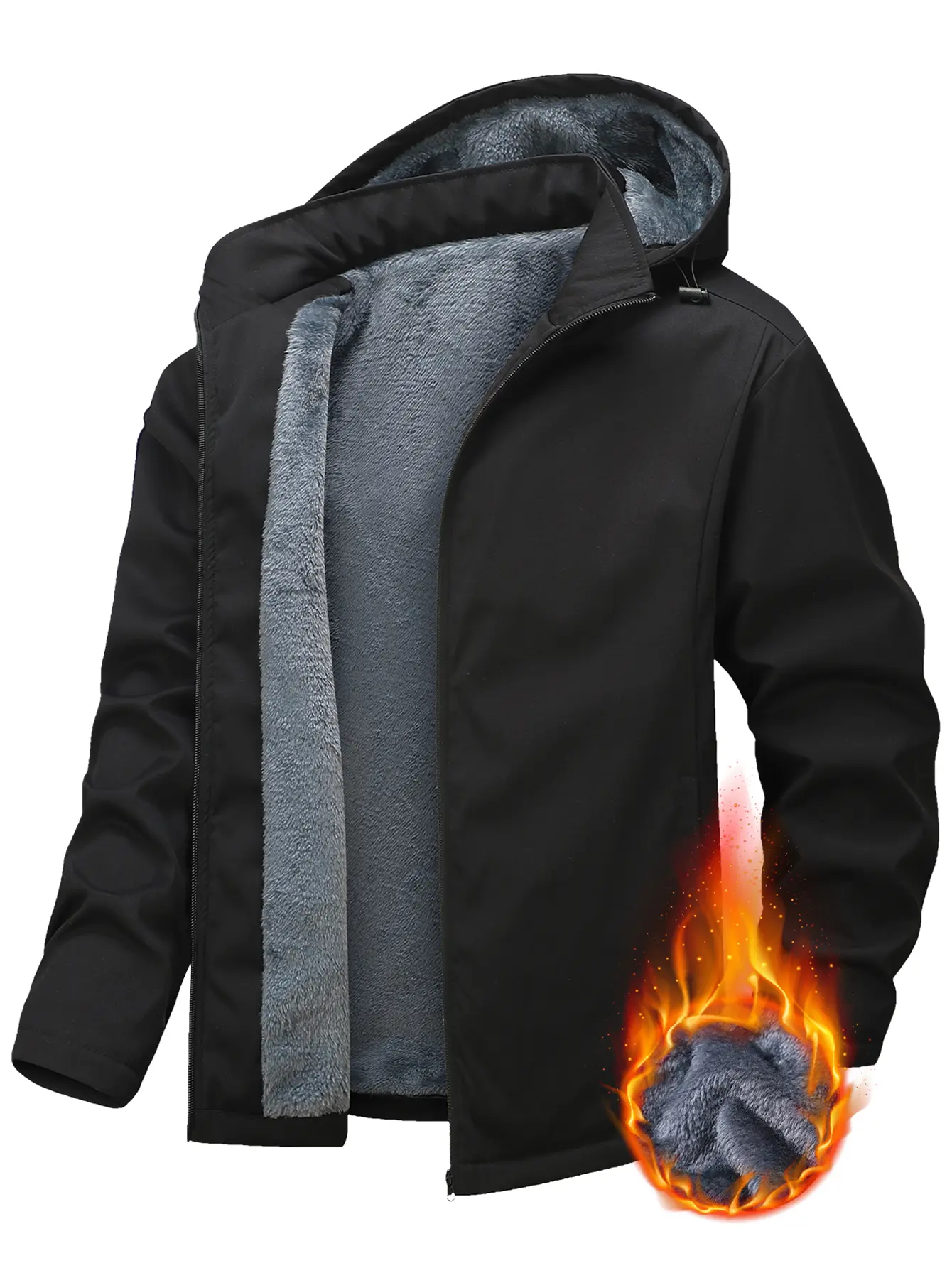 Casual Fleece-Lined Men's Hooded Windproof Waterproof Thermal Lined Warm Sports Stitching Side Zipper Jacket Coat for Extreme Cold Protection Menswear Outdoor Tops Black fleece jacket heated jacket winter outfit
