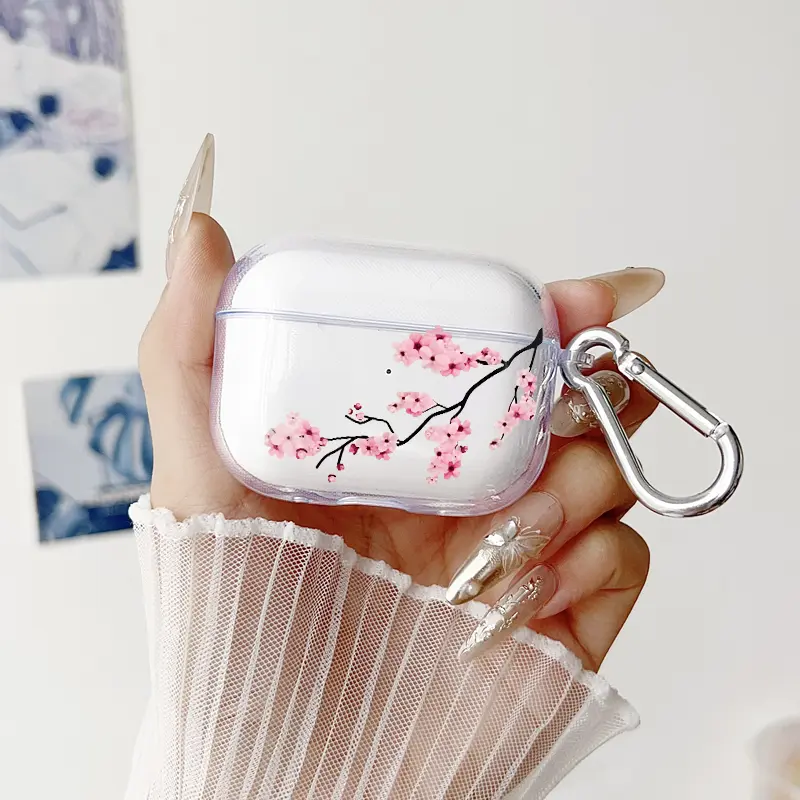 Blossoming Cherry Branch Pattern Protective Case for AirPods 4/3/2/1/Pro/Pro2 Soft TPU Earphone Cover, Transparent with Keychain