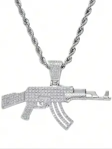 Hiphop Ak47 Gun Necklace Bling Copper Zircon Pendant, Super Shiny Assault Rifle Charm, Trendy Men's Jewelry, Metal Coated, Cuban Chain Necklace