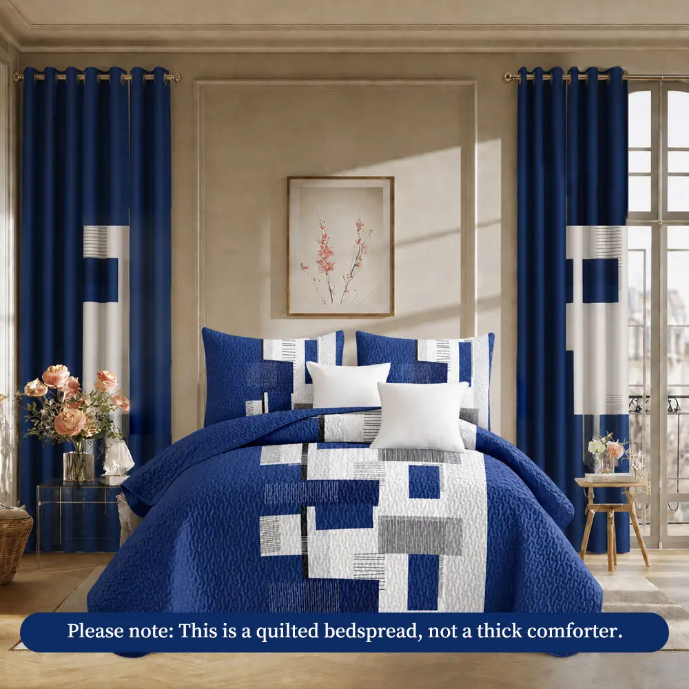 9PCS Royal Blue Geometric Block Bedding & Curtain Bundle Modern Contrast Quilted Bedspread Matching Tone Blackout Curtain Full Bedroom Pack