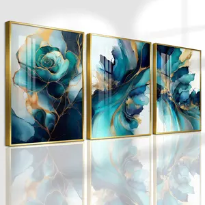 3 Count Aluminum Alloy Frame Canvas， Abstract Blue And Gold Ink Art Fashion Poster， Modern Living Room Decoration， Light Luxury Family Art， Suitable For Bedroom， Corridor And Office Wall Decor， Gift