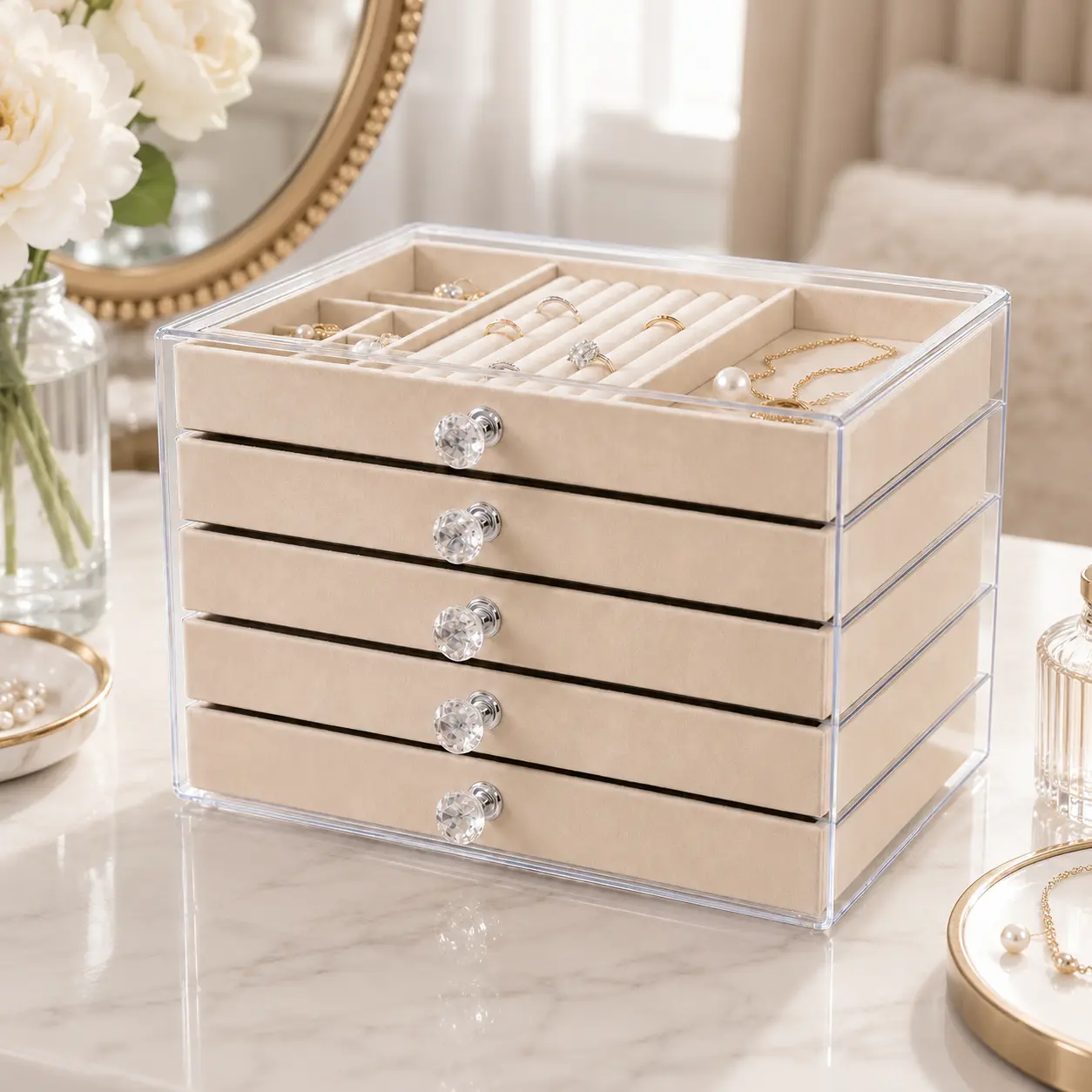 Clear Acrylic Jewelry Organizer with 5 Velvet Drawers, Stackable Jewelry Storage Box for Rings Earrings Necklaces Bracelets and Watches