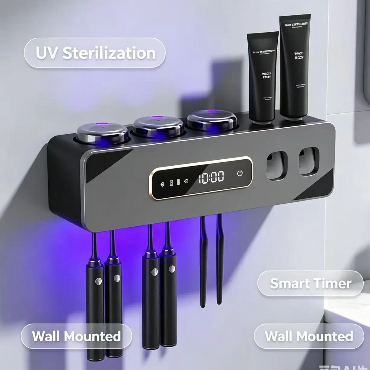 Modern Compact Gray Wall-Mounted Toothbrush Holder Set, Bathroom Accessory with 3 Cups, 6 Slots, Smart Drying Toothpaste Dispenser for Oral Care (with USB Cable Compatibility)
