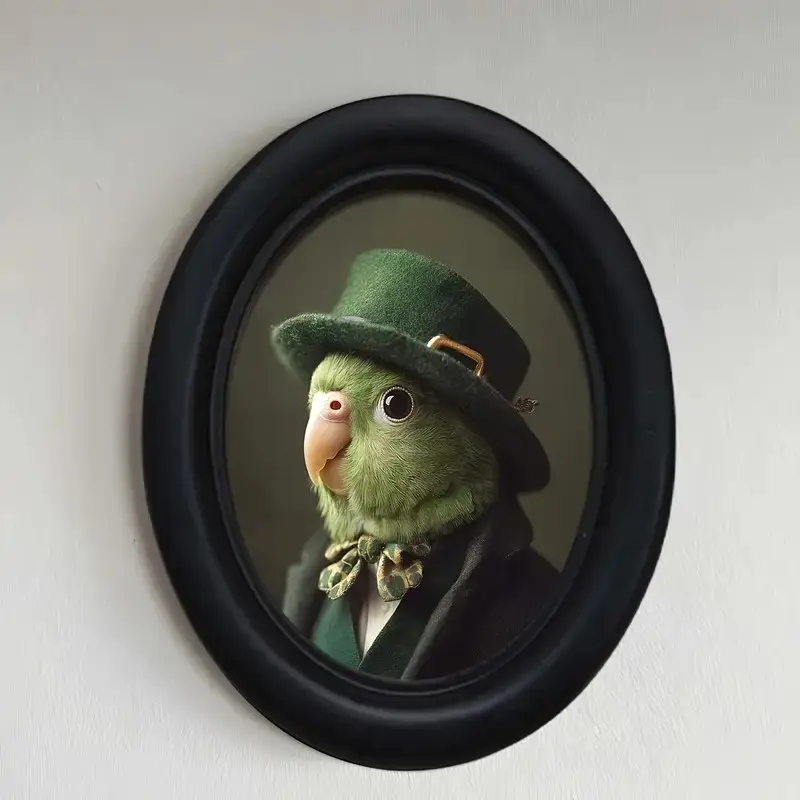 Vintage Parrot Oval Wood Frame (4.16x5.25 Inches), Handmade Photo Transfer Art, Victorian Gothic Wall Decor for Home Office Holiday
