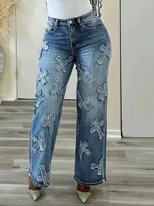 Women's Mid-Waist Straight Leg Comfortable Casual Streetwear Denim Jeans, Fit, Multiple Pockets, Cross Stitch Embroidery Design, Street Style