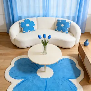 Blue Floral Irregular Carpet, Modern Cream Style Home Decor Rug, Soft Plush Foot Pad, Hand Wash Only, Suitable for Living Room Bedroom