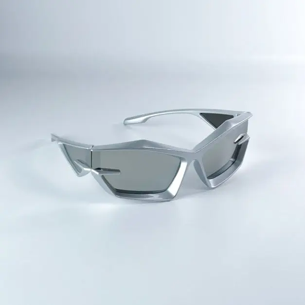 Y2K Futuristic Wrap Around Sunglasses for Men Women, Cyberpunk Silver Metallic Frame Mirror Lens UV400 Protection, Hip Hop Streetwear Trendy Goggle Shades