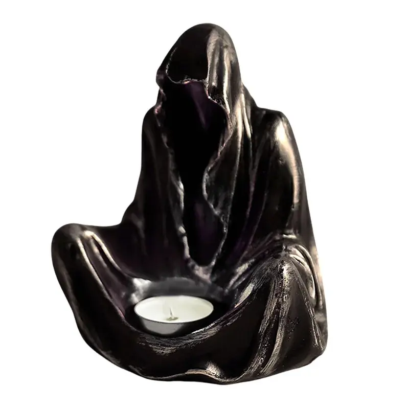 Plastic Resin Grim Reaper Candelabra - Dark Hooded Monk Tea Light Stand, Spooky Halloween Party Decor, No Outdoor Use Indoor Gothic Home Ornament, Party Decorations