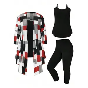 【Plus Size】 Three-Piece Set Colorblock Print Open Front Long Sleeve Outerwear & Cami Top & Elastic Waist Pants, Casual Fashion Cozy Outfits for Daily Wear, Women Clothing for All Seasons（gift）Gift