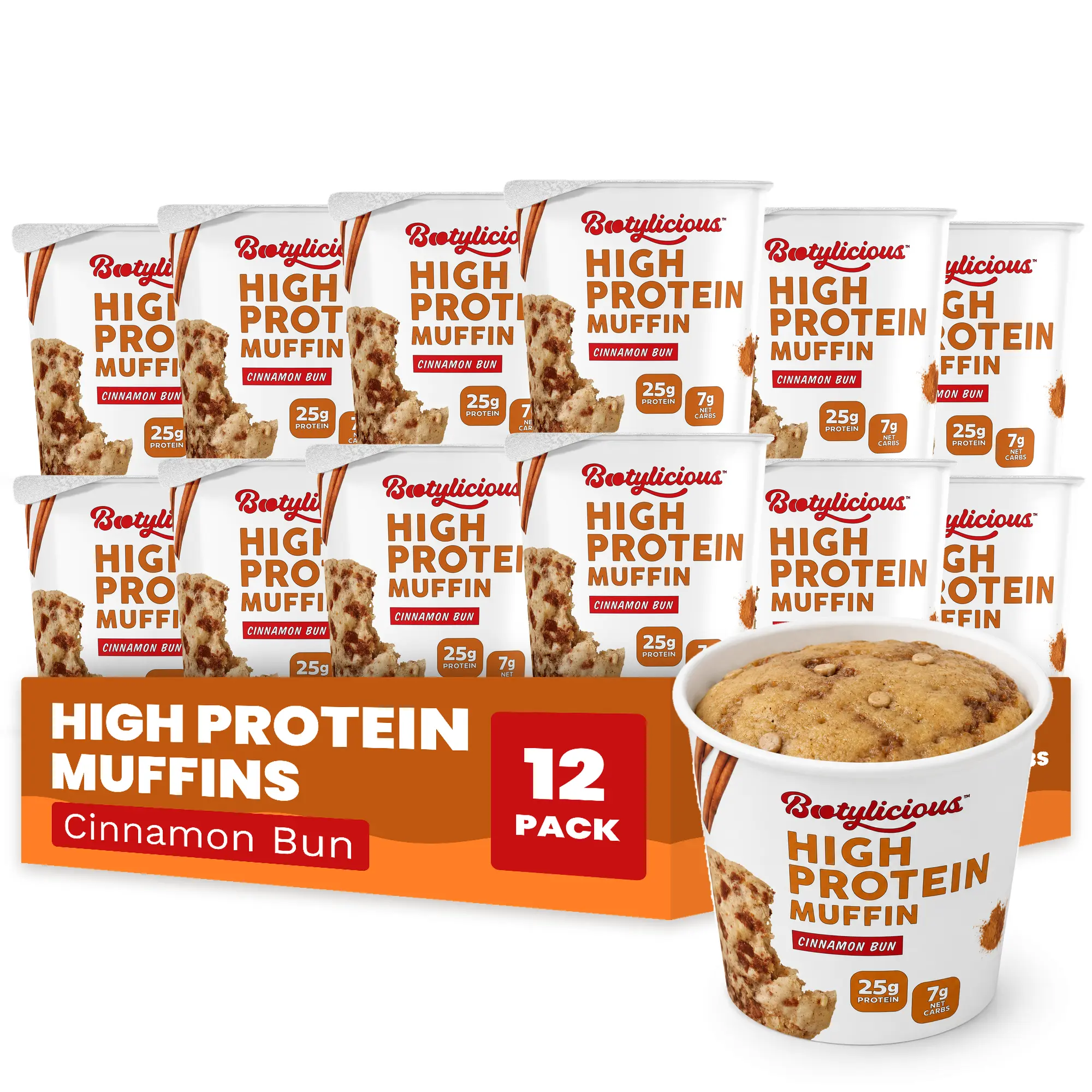 Bootylicious High Protein Muffins, Cinnamon Bun, 12 Pack, 25g Protein, 7g Net Carbs