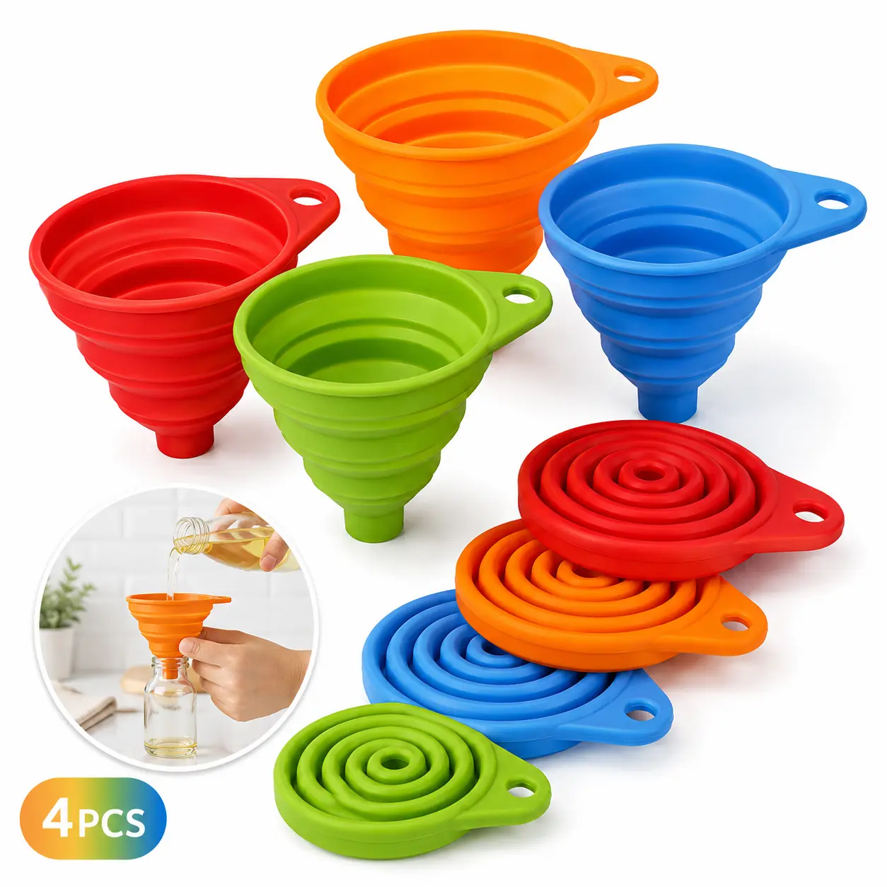 4PCS Collapsible Silicone Funnel Set - Lightweight Kitchen Utensils for Home Use, Easy to Carry, Space-Saving Reusable Liquid Transfer Tool for Bottle Filling (Sports & Outdoor Accessories Compatible)