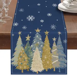 1pc, Blue Christmas Tree Table Runner With Gold Stars And Snowflakes - Festive Christmas Decoration, Seasonal Winter Kitchen And Dining Home Party Decor