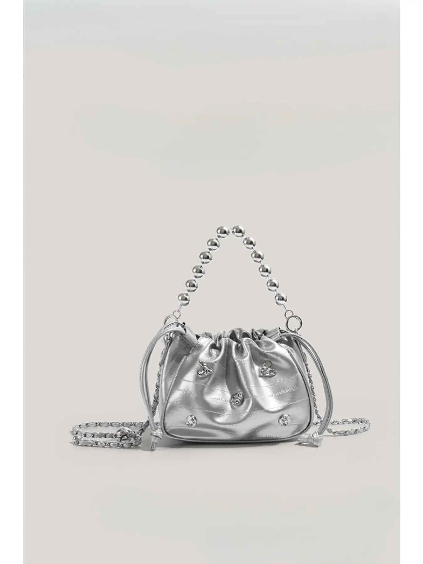 Cute Cool Metallic Drawstring Bag - Silver Ruched Cloud Purse with Beaded Handle & Chain Strap, Party & Festival Fashionable Crossbody Bag, Casual Trendy Bag, Fashionable Bags