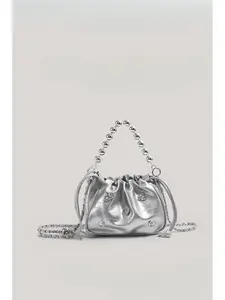 Cute Cool Metallic Drawstring Bag - Silver Ruched Cloud Purse with Beaded Handle & Chain Strap, Party & Festival Fashionable Crossbody Bag, Casual Trendy Bag