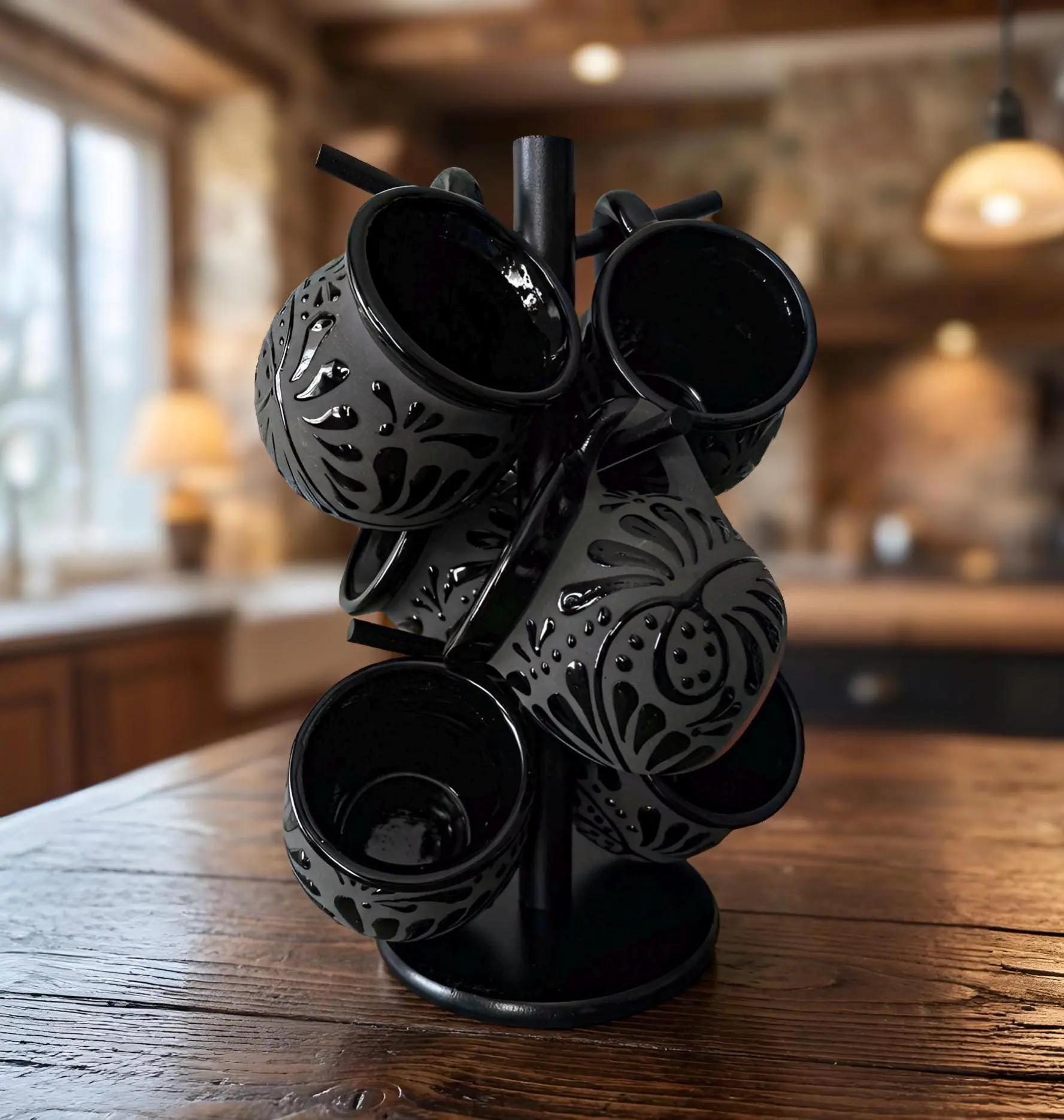 Traditional Handmade Rustic Black Talavera Jarrito Gift Mugs - Lead-Free Mexican Kitchenware Drinking Cups with National Motif for Coffee, Home Bar Use, Classic Coffee Drink Cups, Gift Mug