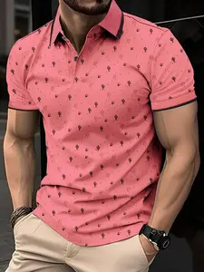 Men's Tropical Cactus Print Short Sleeve Jersey Polo Shirt, Regular Fitted Casual Half Button Collar Top, Men's Shortsleeve Clothes for Daily Wear