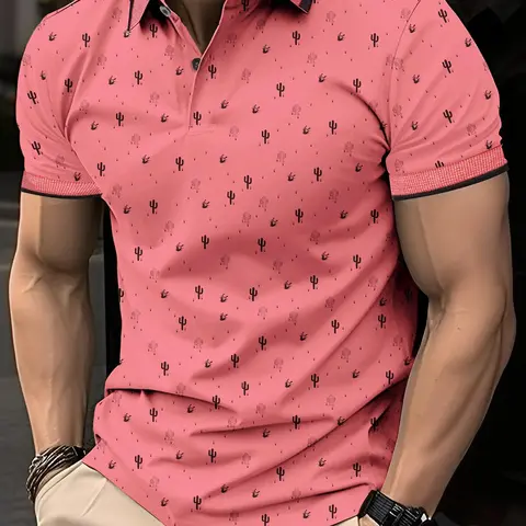 Men's Cactus Print Short Sleeve Fitted Jersey Summer Polo Shirt, Regular Fit Casual Half Button Collar Top, Men's Clothes for Daily Wear, Printed Polo Shirt, Printed Polo Tops
