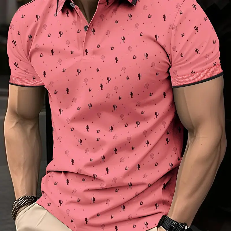 Men's Cactus Print Short Sleeve Fitted Jersey Summer Polo Shirt, Regular Fit Casual Half Button Collar Top, Men's Clothes for Daily Wear, Printed Polo Shirt, Printed Polo Tops