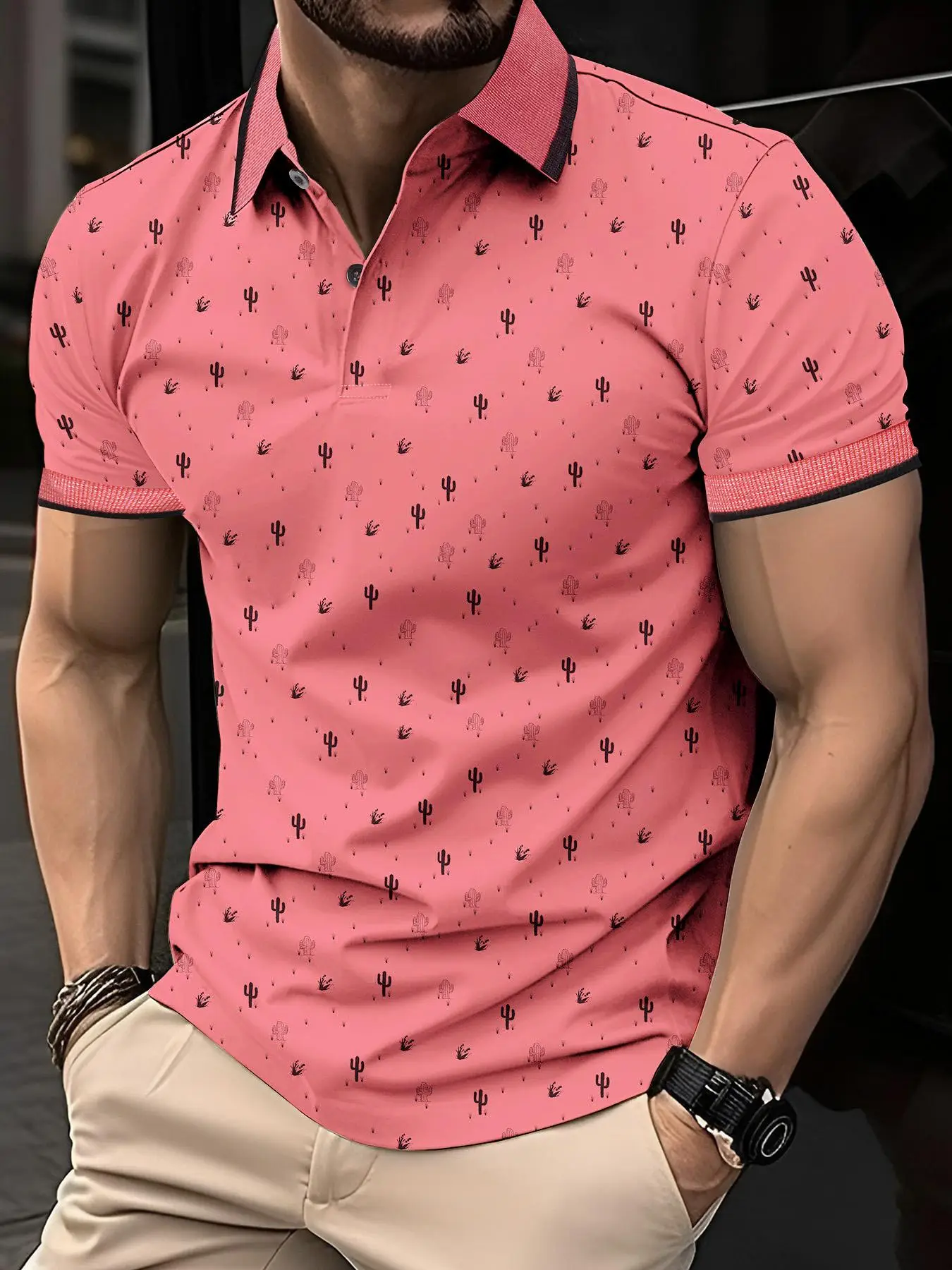 Men's Cactus Print Short Sleeve Polo Shirt, Regular Fitted Casual Half Button Collar Top, Men's Shortsleeve Clothes for Daily Wear