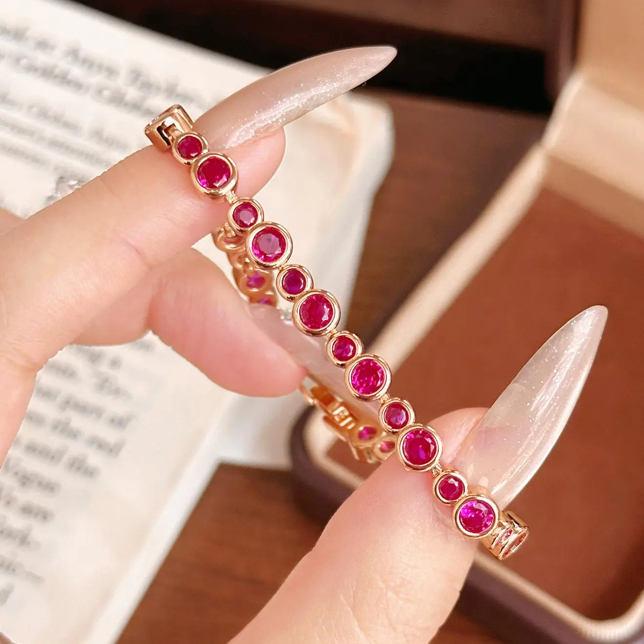 Ruby Red Tennis Bracelet | Round CZ Link Bracelet | Gold Plated Adjustable Bracelet | Elegant Jewelry for Women