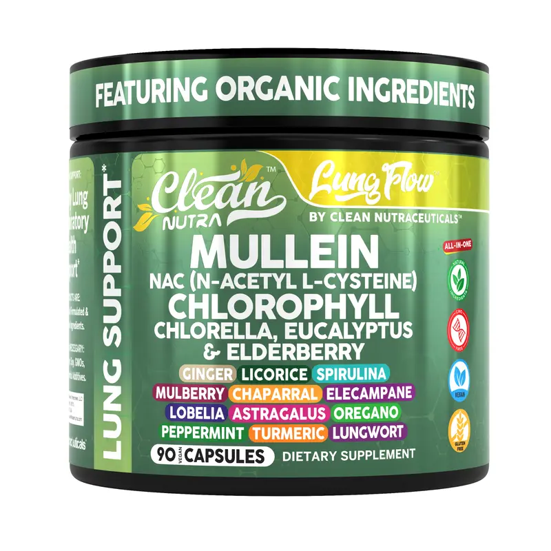Clean Nutra Mullein, NAC, Chlorophyll, Chlorella, Eucalyptus & Elderberry for Lung & Respiratory Support - Lung Flow