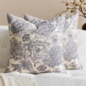 Flower Pillowcases, 2-piece set, blue and white, farmhouse block printed pillowcases, decorative throw pillow covers, vintage neutral accent sofa pillows, suitable for living room sofas and beds, Home Textile