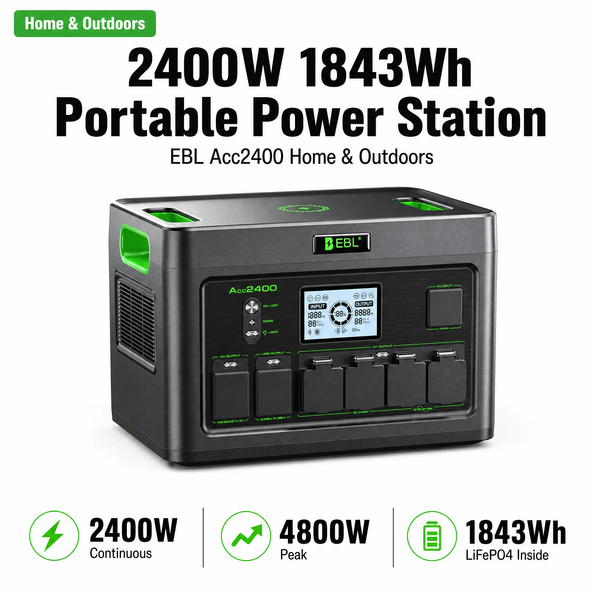 EBL 2400W Portable Power Station Forest Green Heavy Duty Solar Generator Clean Energy Hub with Multiple AC Outlets and High-Speed Charging Ports for RV Living Overland Travel and Home Power Backup