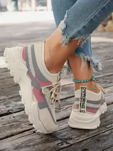 Women's Thick Sole Sport Shoes, Striped Mesh Design, Lace-Up Walking Sneakers, Casual Round Toe Textile Upper, Rubber Sole, Breathable Walking Sneakers, Thick Soled Sneakers, Chunky Casual Sneakers, Breathable Athletic Sneakers