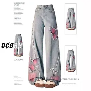 Popular American Tie-Dye Butterfly Embroidered Flared Jeans for Women