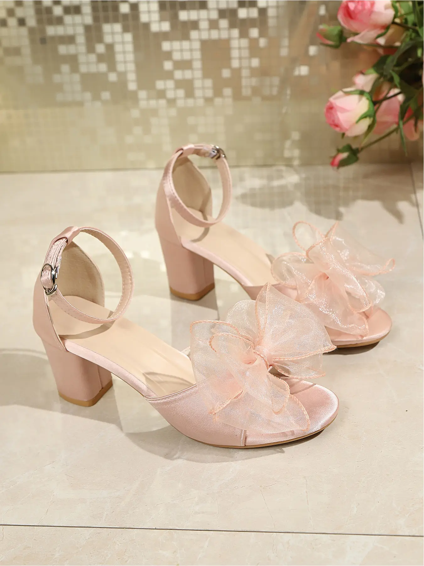 Romantic Satin Open-toe Summer Sandals with Bow & Block Heel, Ankle Buckle Design for Parties, Embellished Sandals