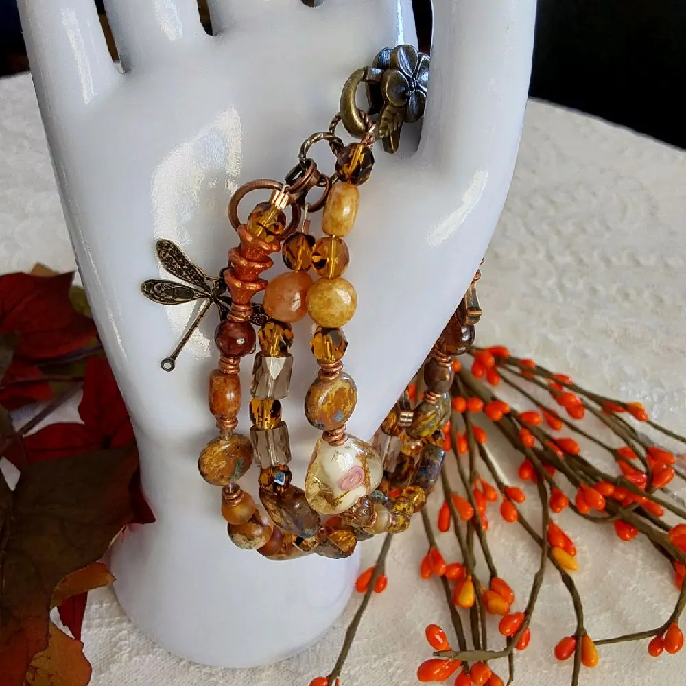 Autumn Love Three Strand Bracelet Adjustable Size with Dragonfly Charm and Orange Beads