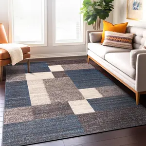 Modern Abstract Geometric Block Patchwork Flannel Area Rug - Blue Grey Beige Contemporary Print Soft Mat for Living Room, Non-Slip Minimalist Home Decor#AbstractBlockPatchworkRug #GeometricContemporaryMat #MinimalistHomeDecor  #NonSlipFlannelRug