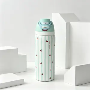 Aesthetic Mini Cherry Striped Owala Insulated Water Bottle 32oz, Lovely Holiday Birthday Gift for Women Teen Girls, BPA Free FreeSip Straw Travel Tumbler for Picnic Presents