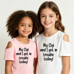 Girls Aged 5-13 Daily Wear 100% Pure Cotton Off-Shoulder T-Shirt Letter Print My Gigi And I Got In Trouble Today White And Pink 1PC Short Sleeve