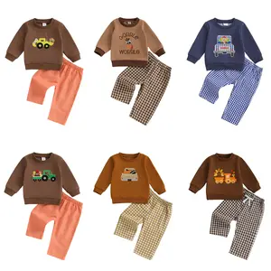 Toddler Baby Boy Thanksgiving Outfit Long Sleeve Turkey Embroidery Sweatshirt Tops Plaid Pants Fall Winter Clothes