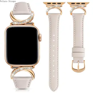 Moon-Shaped Rhinestone Leather Adjustable Durable Metal Smart Watch Strap, Wearable Fashion Accessory for 38-49mm Watches